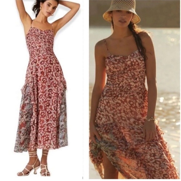 Anthropologie LET ME BE Ruffled Floral Midi Dress Size M Tiered Boho‎ Sleeveless - Picture 1 of 16